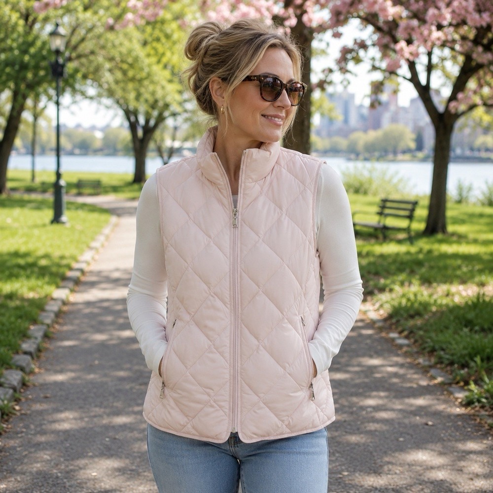 Tommy Hilfiger Down Puffer Jacket Vest Size L Pastel Pink Quilted Pockets
